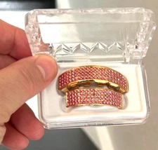 Custom Fit 14K Gold Plated Teeth Mouth Grillz CZ Pink Stones 8 Rows of Bling