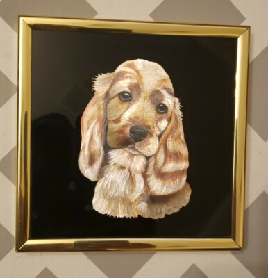 Vintage Kafka Industries Framed Screened Foil Etching Spaniel Dog #1080 Signed