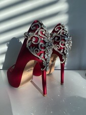Badgley Mischka Red Satin Crystal Embellished Stiletto Pumps