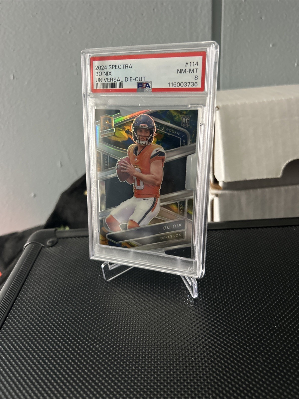 2024 Panini Spectra - Rookies Bo Nix #114 Universal Prizm Die-Cut /10 (RC) PSA-8
