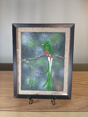 Original P. Escobar Handpainted Quetzal Bird  Painting On Wood/Cork Framed 