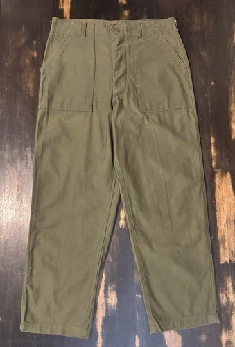 Vintage 70s Military OG-107 Pants Green Sateen Vietnam Era Trousers Tagged 34X29