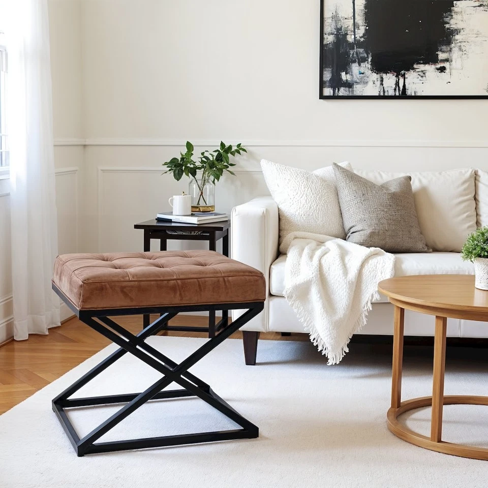Distressed Brown Genuine Leather Ottoman Stool with Metal and MDF Base - Image 2 of 4
