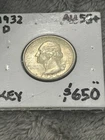 KEY AU++ 1932-D Washington Quarter. Hint of wear Muted luster, perimeter toning.