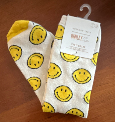 American Eagle Smiley Face Crew Socks White/Yellow/Black One Size 1 Pair
