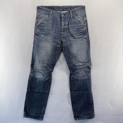 G Star Raw Jeans Fits 34x32 Blue Dark Whisker Distressed Faded Moto Biker y2k