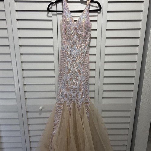 Pear Culture Champagne Iridescent Sequin Mermaid Formal Gown