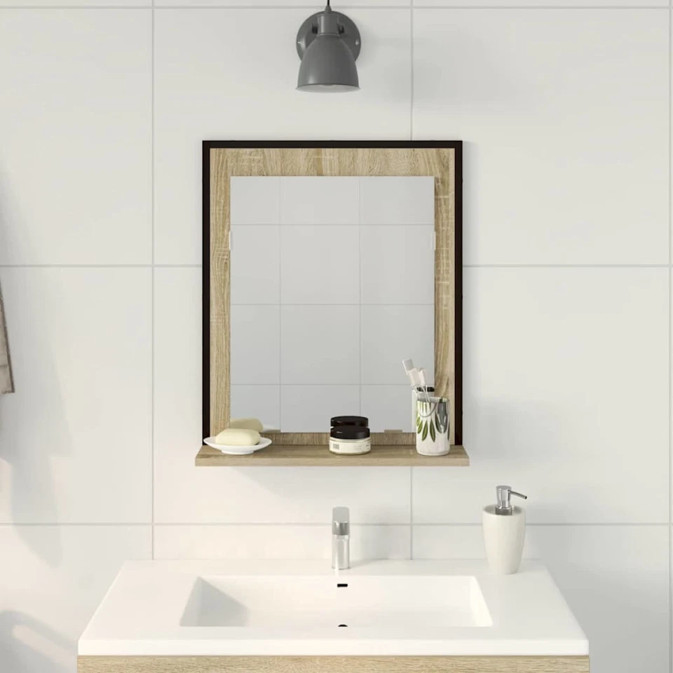 Bathroom Mirror Black Engineered Wood 50x12x60cm Rectangular Shelf Wall-Mounted - Image 4 of 4