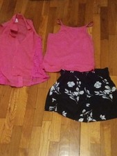 Pink Lace Button Shirt Pink Tank Black Floral Shorts Set girl XL