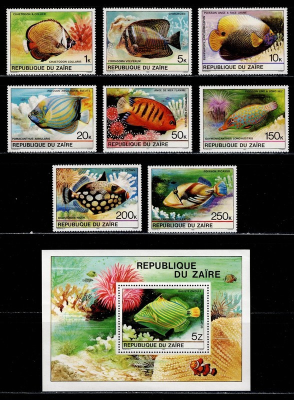 Zaire, Fish, Scott 974-981A Complete, 2025 SCV $11.90