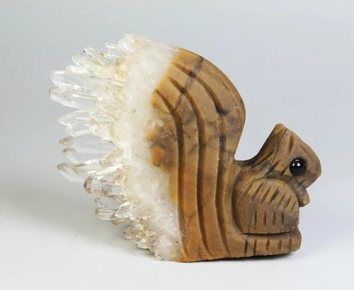 Natural Clear Quartz Crystal Cluster Point Carved Squirrel Mineral Specimen