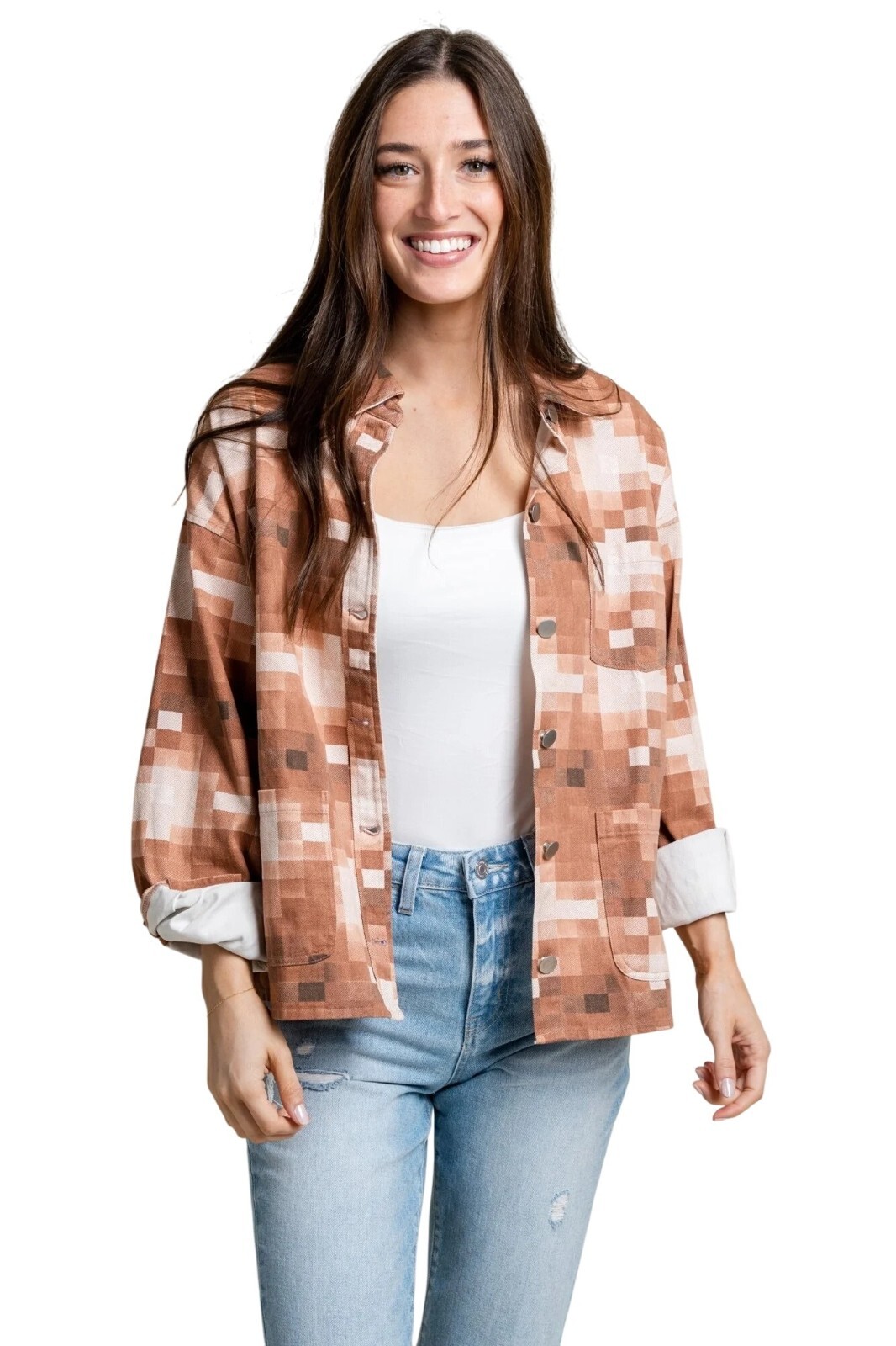 Le Lis Pixel Shacket Womens M Brown Retro Normcore Casual Streetwear Preppy NWT