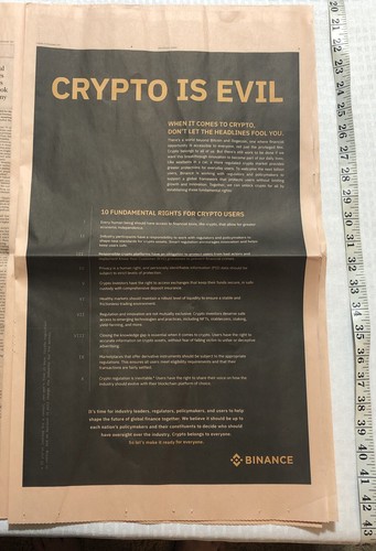 BINANCE RIGHTS CRYPTO IS EVIL ADVERTISEMENT FINANCIAL TIMES 11/16/2021 NEWSPAPER