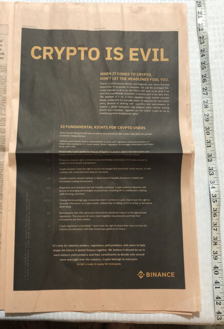 BINANCE RIGHTS CRYPTO IS EVIL ADVERTISEMENT FINANCIAL TIMES 11/16/2021 NEWSPAPER BINANCE RIGHTS CRYPTO IS EVIL ADVERTISEMENT FINANCIAL TIMES 11/16/2021 NEWSPAPER