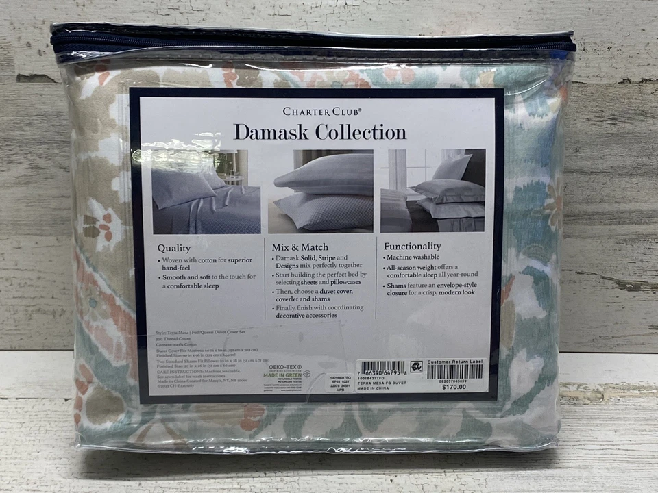 Juego completo de funda nórdica y fundas Charter Club Terra Mesa Aqua/Coral nuevo Foto 3 de 4