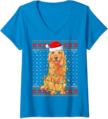 Dog Christmas Lights Ugly Sweater Golden Retriever Ladies' V-Neck ...