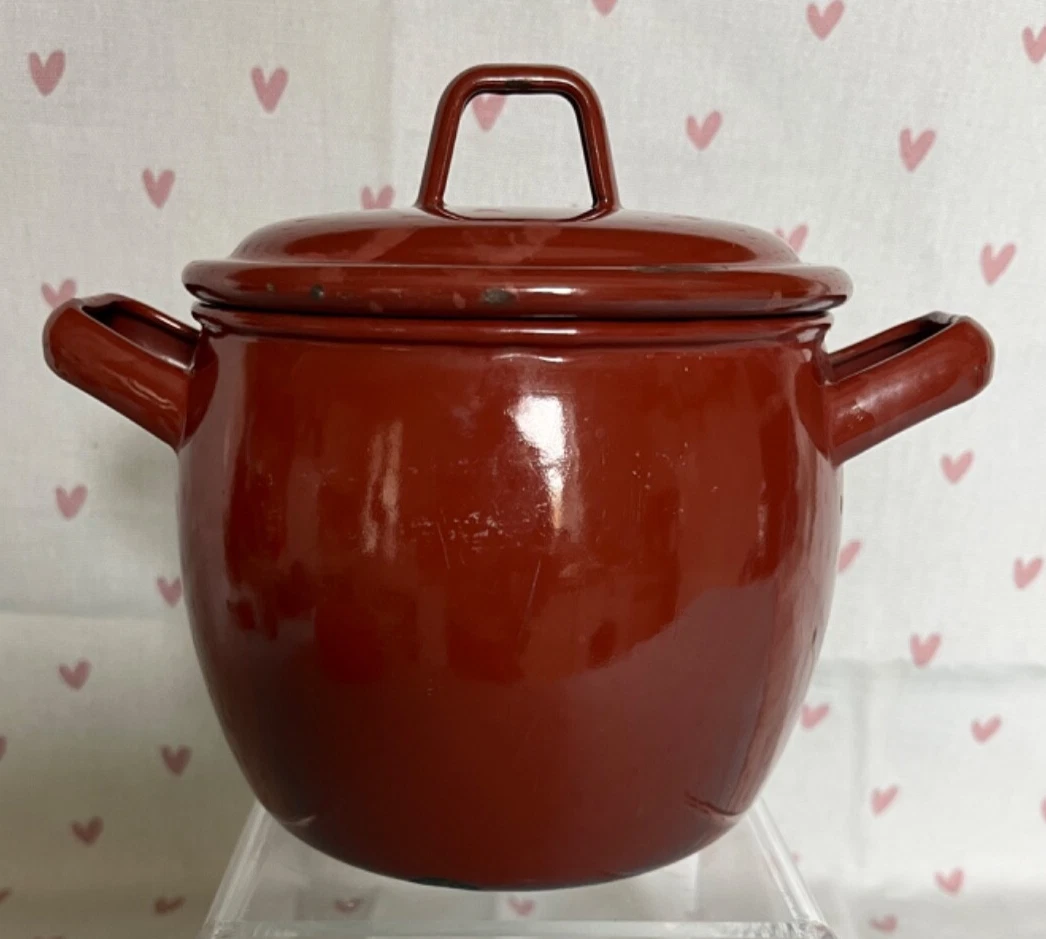 Small Vintage Enamel Cooking Pot with Lid.