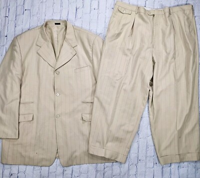 Falcone Mafia Double Stripe Suit Beige Gold MENS Blazer 56L Pants 52