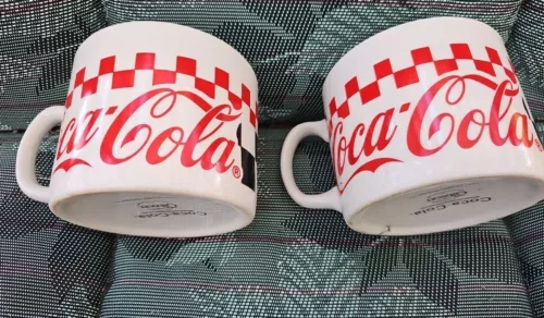 Coca-Cola Coffee Mugs by Gibson White, Red & Black,soup, stew, pair
