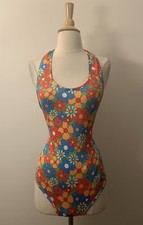 Womens NEW Size Med. Blue Colorful Floral Halter Bodysuit. ROMWE