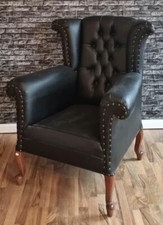 BEQUEMER OHREN-FERNSEHSESSEL SESSEL HOLZ POLSTER SCHWARZ BAROCKSESSEL 