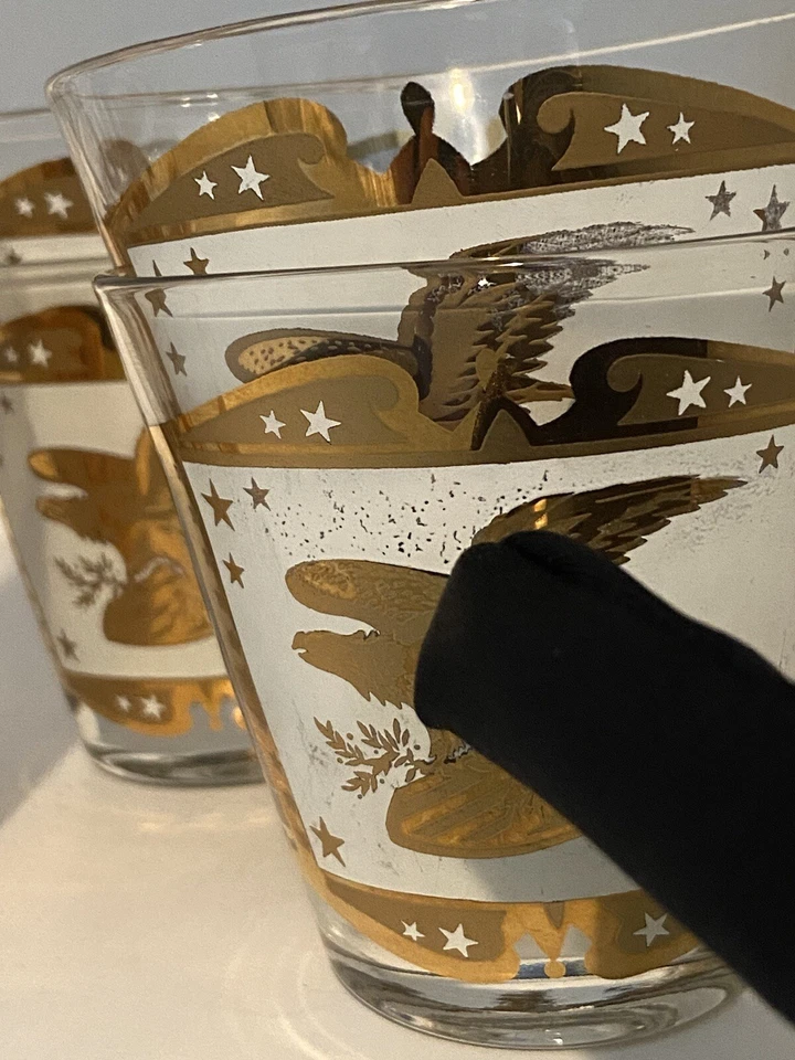 Vtg MCM Gold Trim American Eagle Barware Set Of 6 Old Fashioned W Caddy - Image 2 of 4