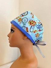 Ladies Skull Chemo Scrub Surgical Uniform Cap Hat Blue Floral Sunflower New CNA