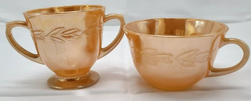 Set of 2 Tea Cup and Sugar Anchor Hocking Fire King Peach Lustre Laurel Pattern