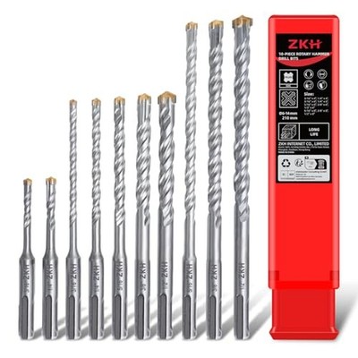 ZKH 10 Pcs SDS Plus Bits Set, (3/16'',1/4'',5/16'',3/8'',1/2''), Carbide Tipped...