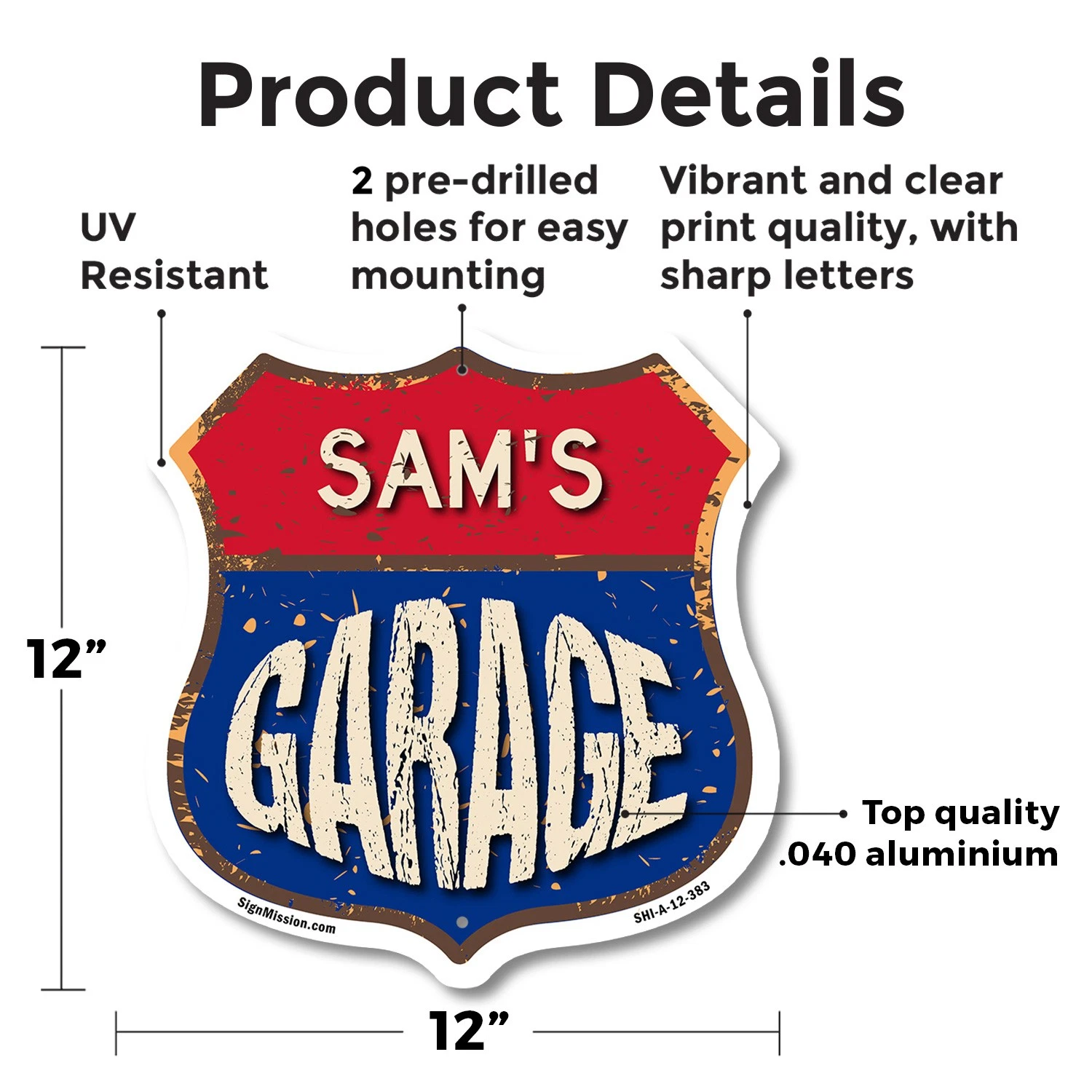 Sam's Garage Shield Metal Sign Weather-Resistant Crafted in the USA