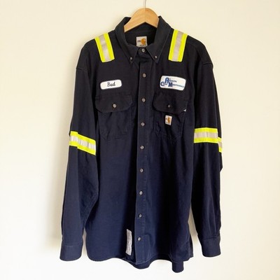 Carhartt FR High Vis Work Shirt Navy Bud All American Crane Patches XL