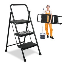 3 Step Ladder, Protable Steel Folding Stool with Wide Anti-Slip Pedal, 500lbs...