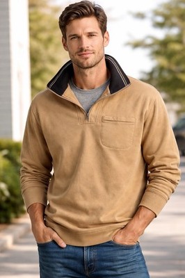 Knightsbridge 1/4 Zip Sweatshirt Tan w Contrasting Brown Collar Size L #11935