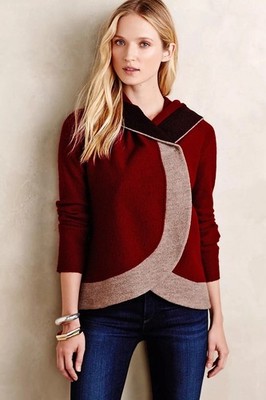 Anthropologie Rosie Neira Boiled Wool Hooded Jacket Cranberry Tan Color-block