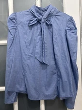 NEW! New York And Company Oxford Blue Puff Sleeve Tie Neck Blouse Size Large