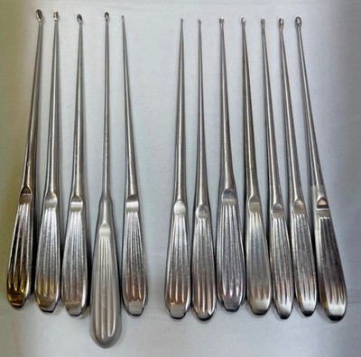 Set of 12 V Mueller Zimmer Konig Aesculap Straight & Angled 9'' Curette Set Neuro