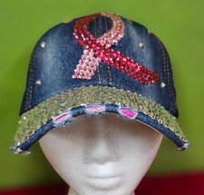 Breast Cancer Awareness Cap Distressed Denim Rhinestones Bling Pink Ribbon