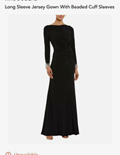 Ieena for Mac Duggal Black Long Jersey Gown Boat Neck Beaded Cuffs M 49896