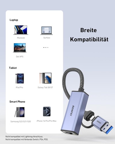 USB C Ethernet Adapter Gigabit LAN 1000Mbps Netzwerkkabel kompatibel mit MacB... - Bild 7 von 10