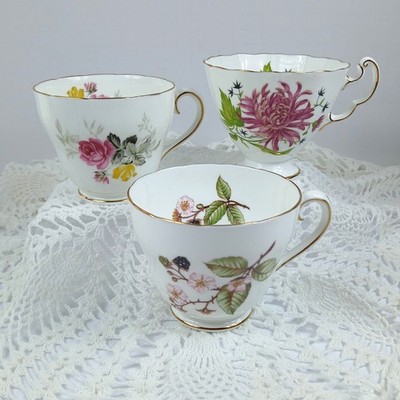 3 Adderley Tea Cups Flowers Bramble Berries Gold Trim Fine Bone China England