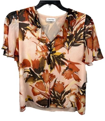Calvin Klein Floral Blouse Women s Small Sheer Button Front Flutter Sleeve NWT