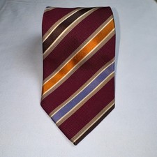 David Donahue Mens Silk Cotton Striped Tie Burgundy Orange Blue Made in USA