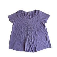Lucky Brand Women  s Slub Knit Tee Shirt 1X 1G Purple Embroidered Short Sleeve
