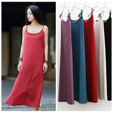 Lady Linen Cotton Full Slip Dress Strappy Petticoat Chemise Nightie Solid Casual