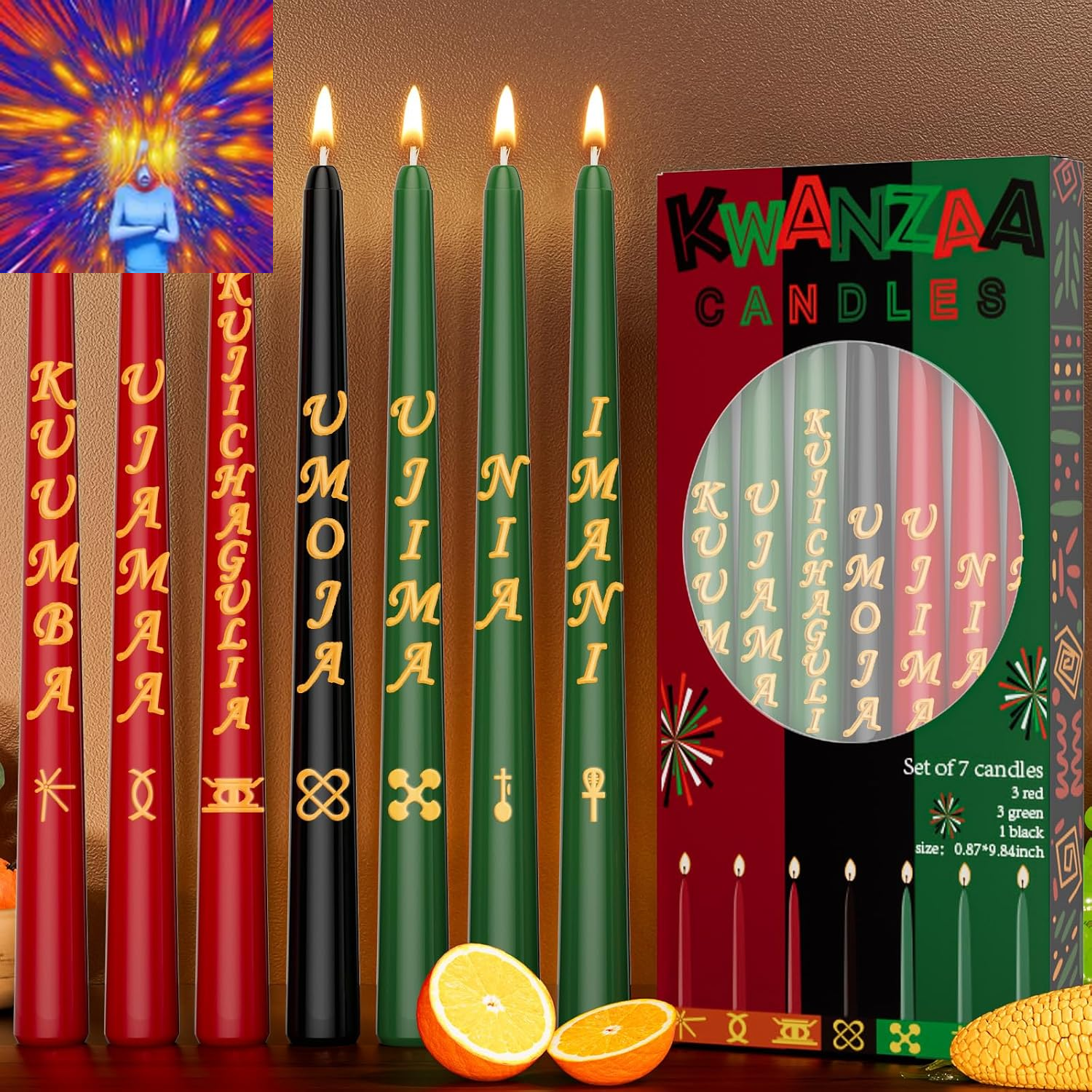 Kwanzaa Taper Candles Set of 7 with Words, 3 Red, 3 Green, 1 Black Kinara 10 Inc
