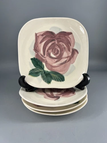 4 Red Wing Pottery Lexington Rose Saucers Concord Square Vintage Shabby Cottage