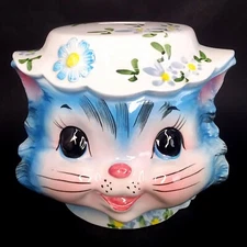 RARE Vintage Lefton Miss Priss Ceramic Coin Piggy Bank Blue Cat Kitty Big Eyes
