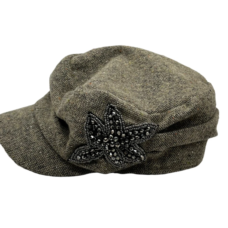 D + Y Cap Hat Bling Floral Embellished Elastafit Wool Blend Brown Tweed Women's - Image 3 of 4