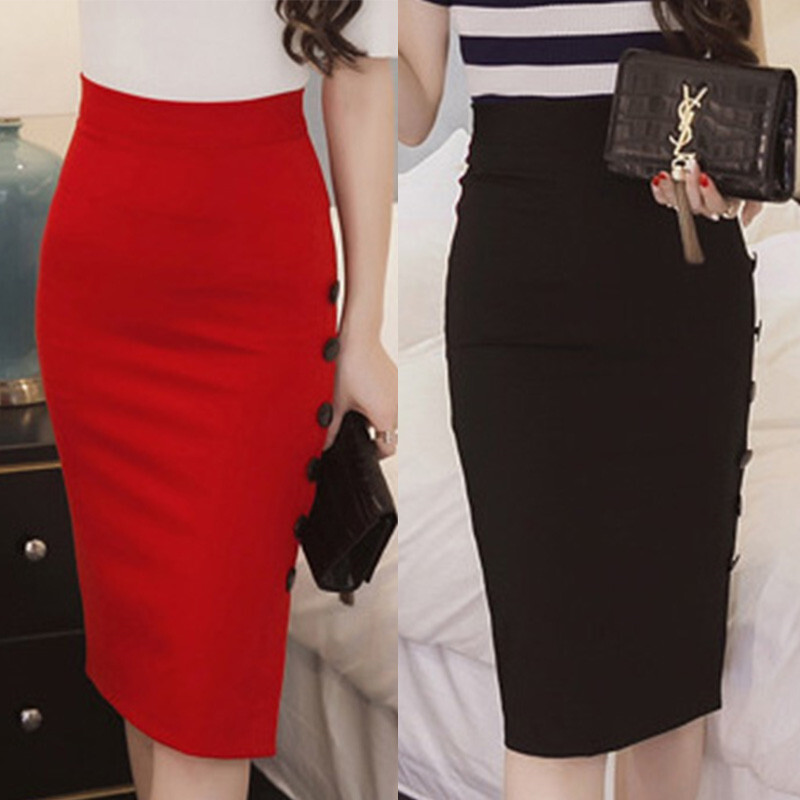 Women's High Waisted Midi Pencil Skirt Office Bodycon with Button Split