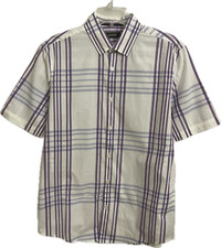 Alfani Men's Purple White Plaid Cotton Shirt Short Sleeve Size L Retail 50